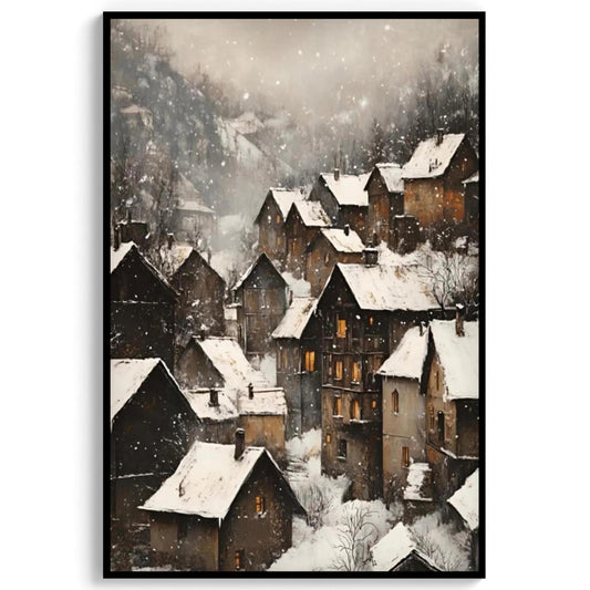 Moody Vintage European Village Wall Art Print, Rustic Snowy Mountain Cottages Landscape, Christmas Winter De