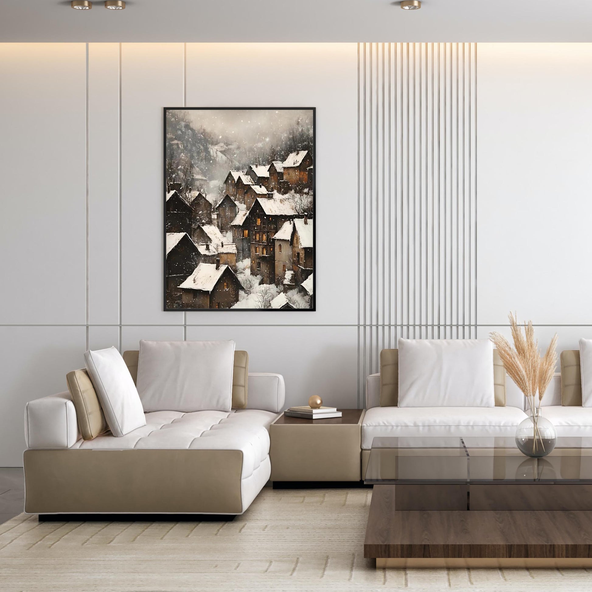 Moody Vintage European Village Wall Art Print, Rustic Snowy Mountain Cottages Landscape, Christmas Winter De