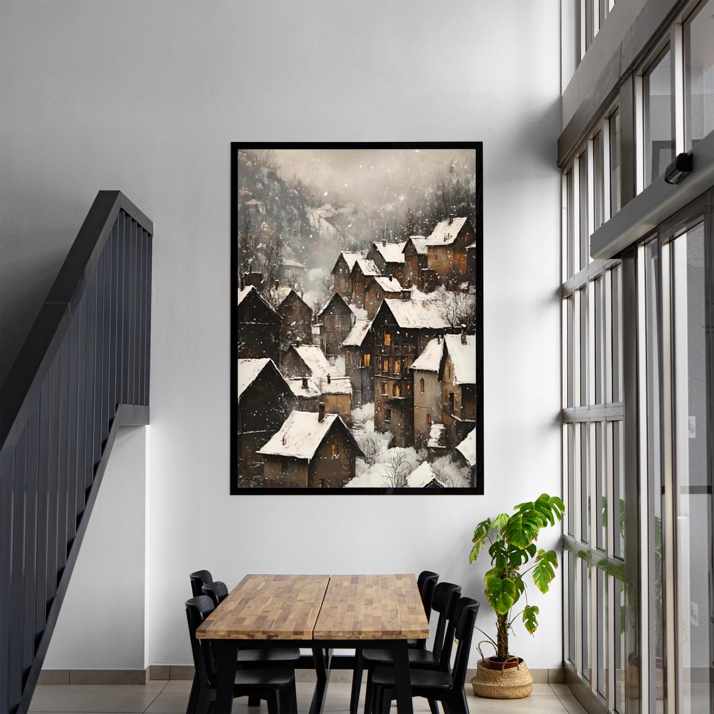 Moody Vintage European Village Wall Art Print, Rustic Snowy Mountain Cottages Landscape, Christmas Winter De