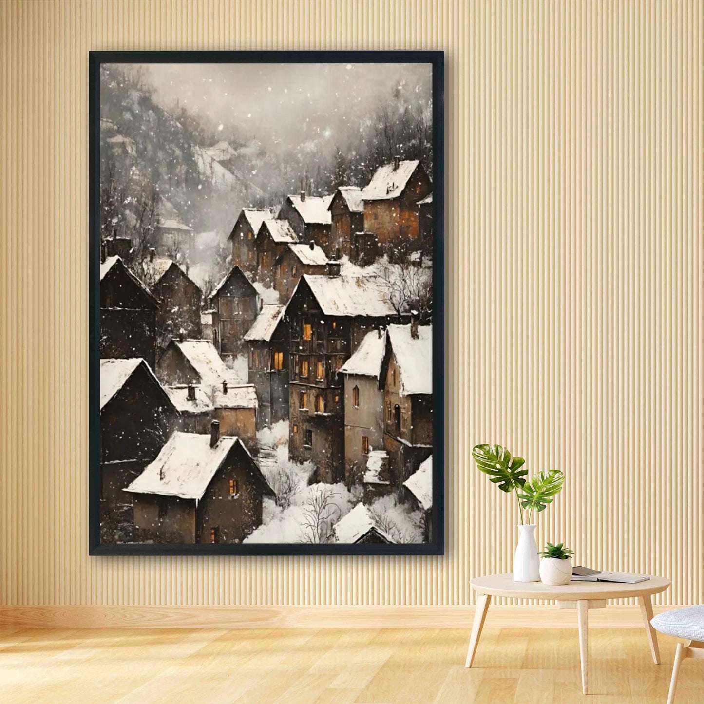 Moody Vintage European Village Wall Art Print, Rustic Snowy Mountain Cottages Landscape, Christmas Winter De