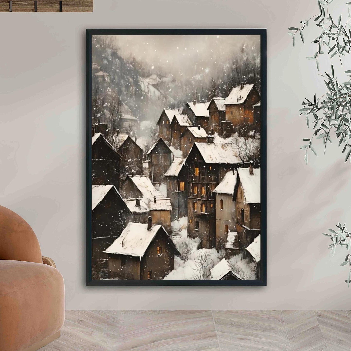 Moody Vintage European Village Wall Art Print, Rustic Snowy Mountain Cottages Landscape, Christmas Winter De