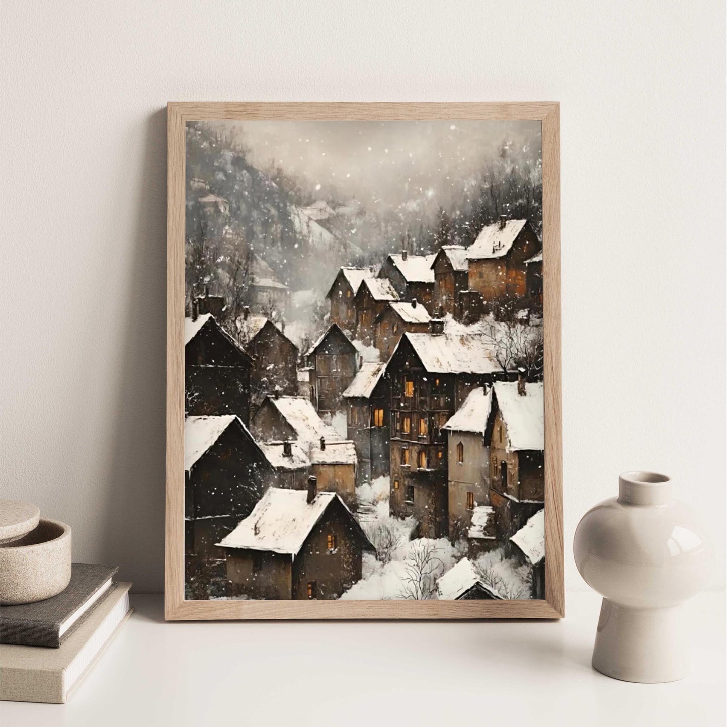 Moody Vintage European Village Wall Art Print, Rustic Snowy Mountain Cottages Landscape, Christmas Winter De