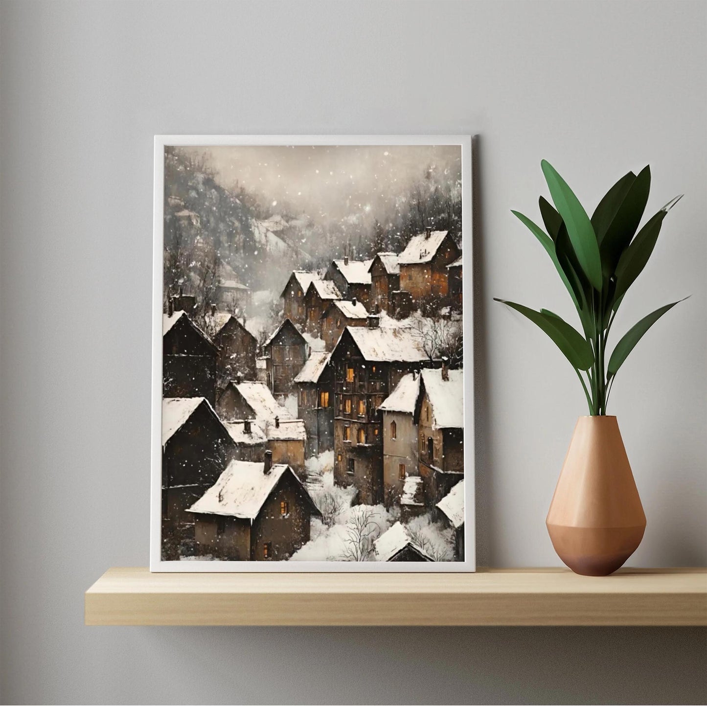 Moody Vintage European Village Wall Art Print, Rustic Snowy Mountain Cottages Landscape, Christmas Winter De
