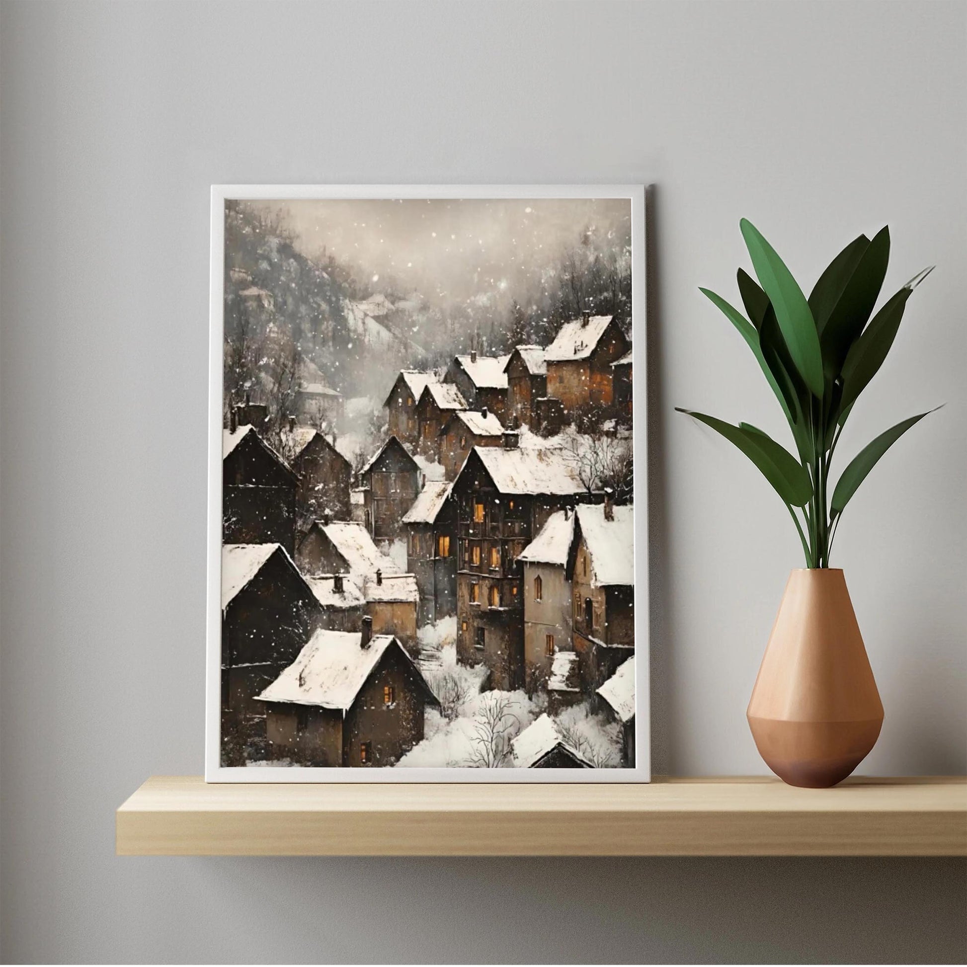 Moody Vintage European Village Wall Art Print, Rustic Snowy Mountain Cottages Landscape, Christmas Winter De