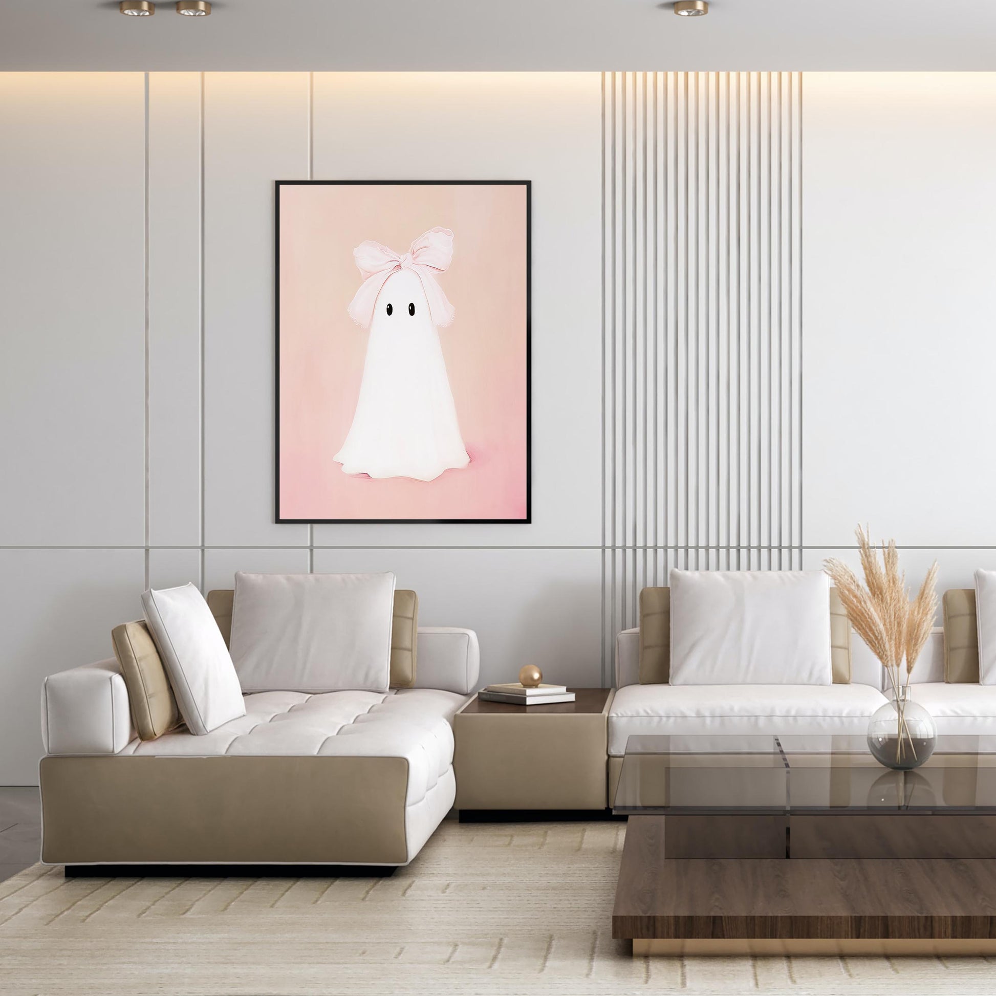 Pink Bow Ghost Art Print Wall Art Halloween Decor Preppy Trendy Coquette Aesthetic Spooky Ghost Painting Dig