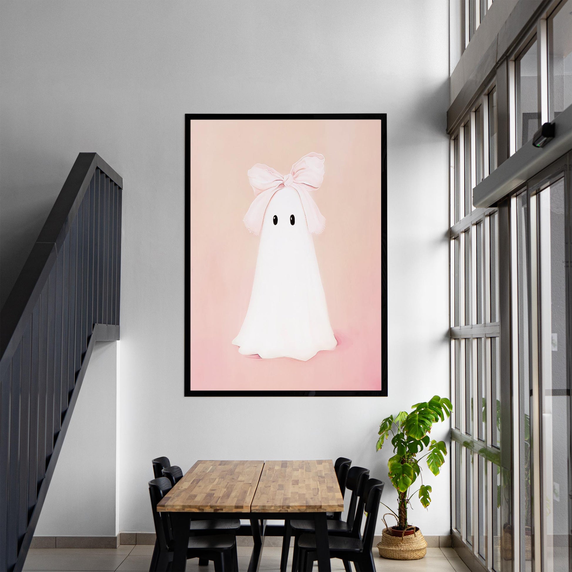 Pink Bow Ghost Art Print Wall Art Halloween Decor Preppy Trendy Coquette Aesthetic Spooky Ghost Painting Dig