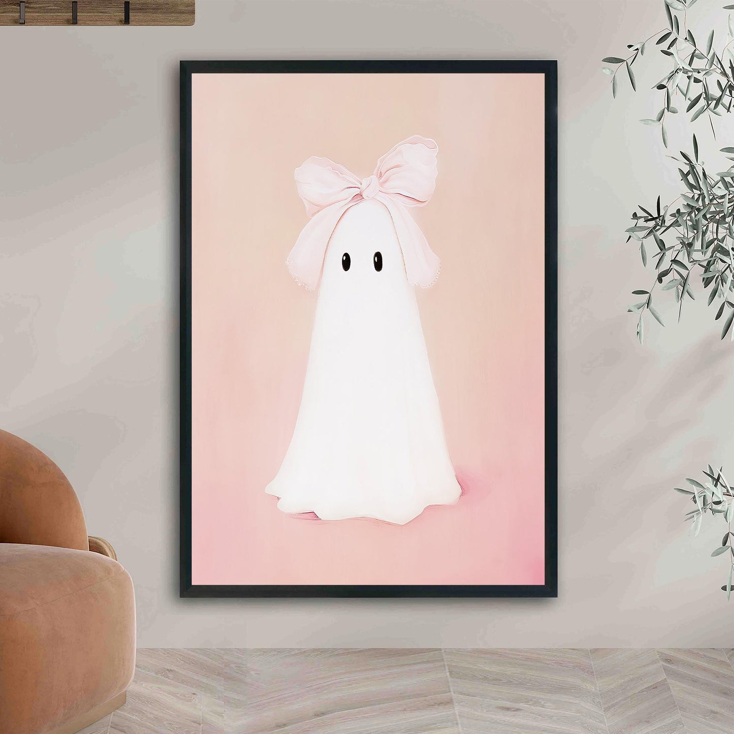 Pink Bow Ghost Art Print Wall Art Halloween Decor Preppy Trendy Coquette Aesthetic Spooky Ghost Painting Dig
