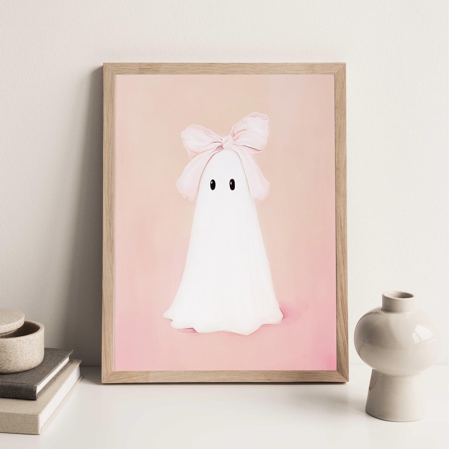 Pink Bow Ghost Art Print Wall Art Halloween Decor Preppy Trendy Coquette Aesthetic Spooky Ghost Painting Dig
