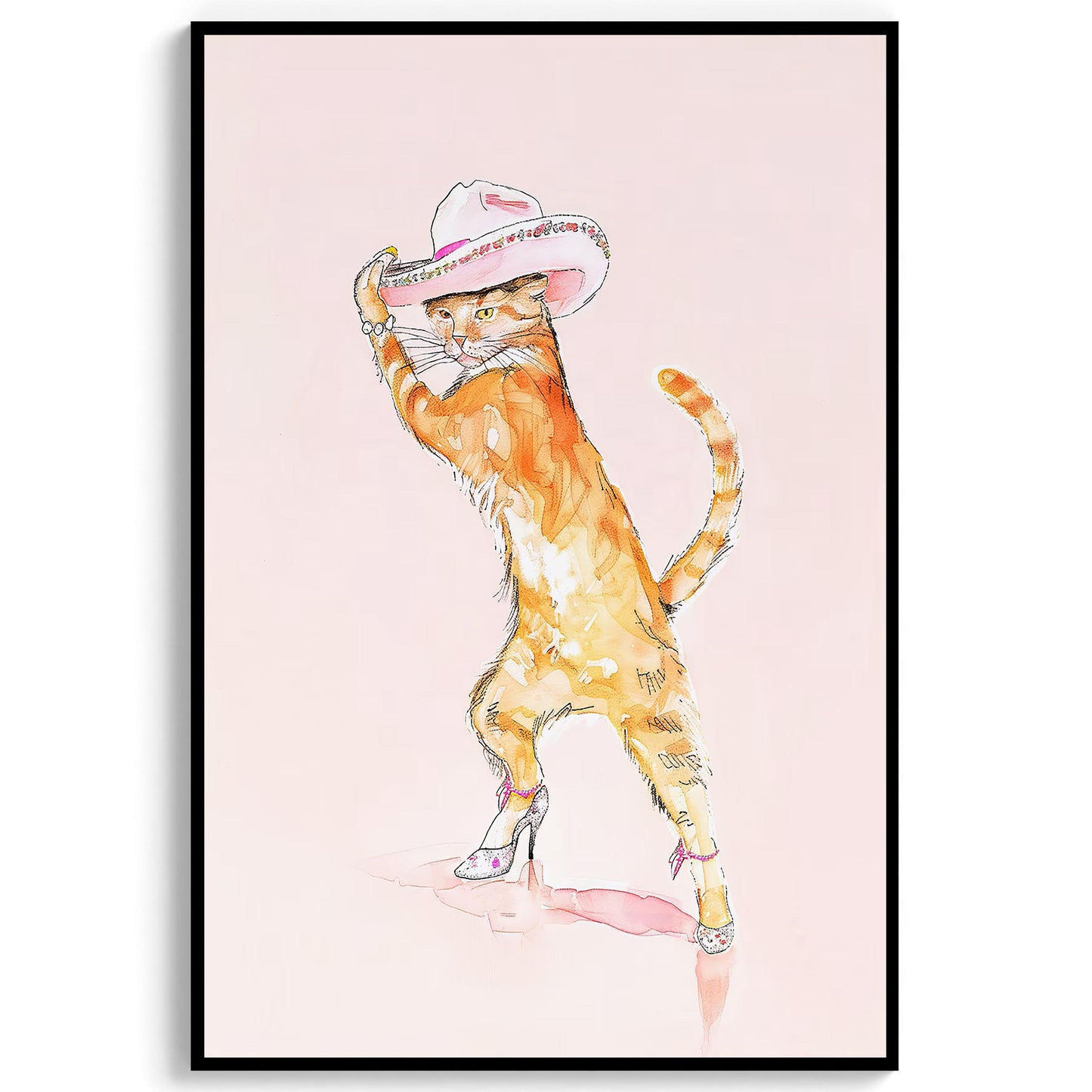 Pink Cat Fashion Print, Cowgirl Hat & Heels Wall Art