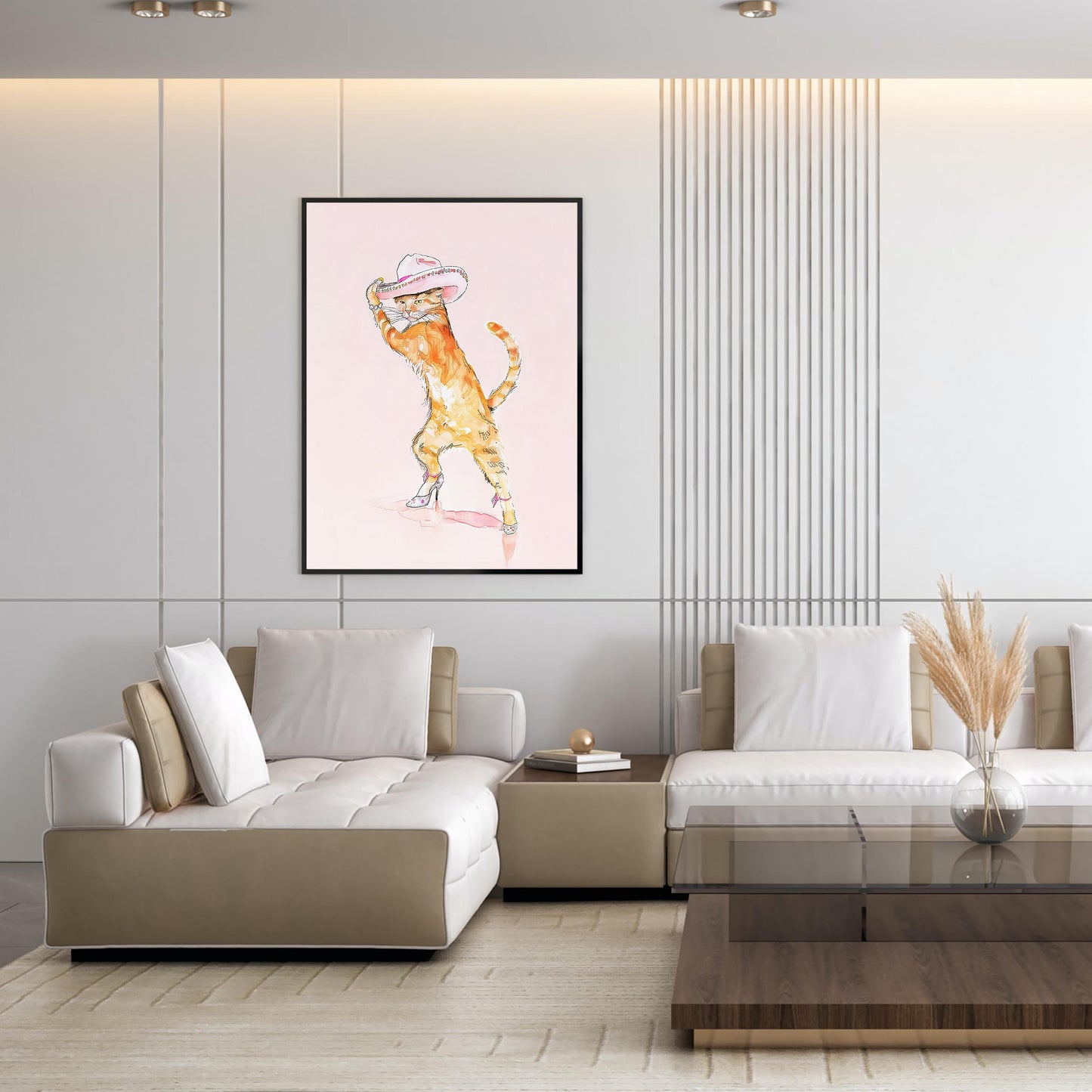 Pink Cat Fashion Print, Cowgirl Hat & Heels Wall Art