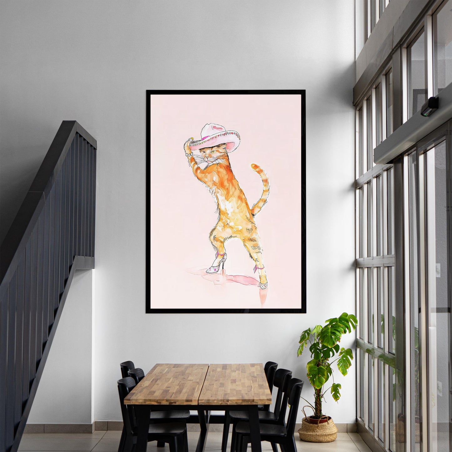 Pink Cat Fashion Print, Cowgirl Hat & Heels Wall Art