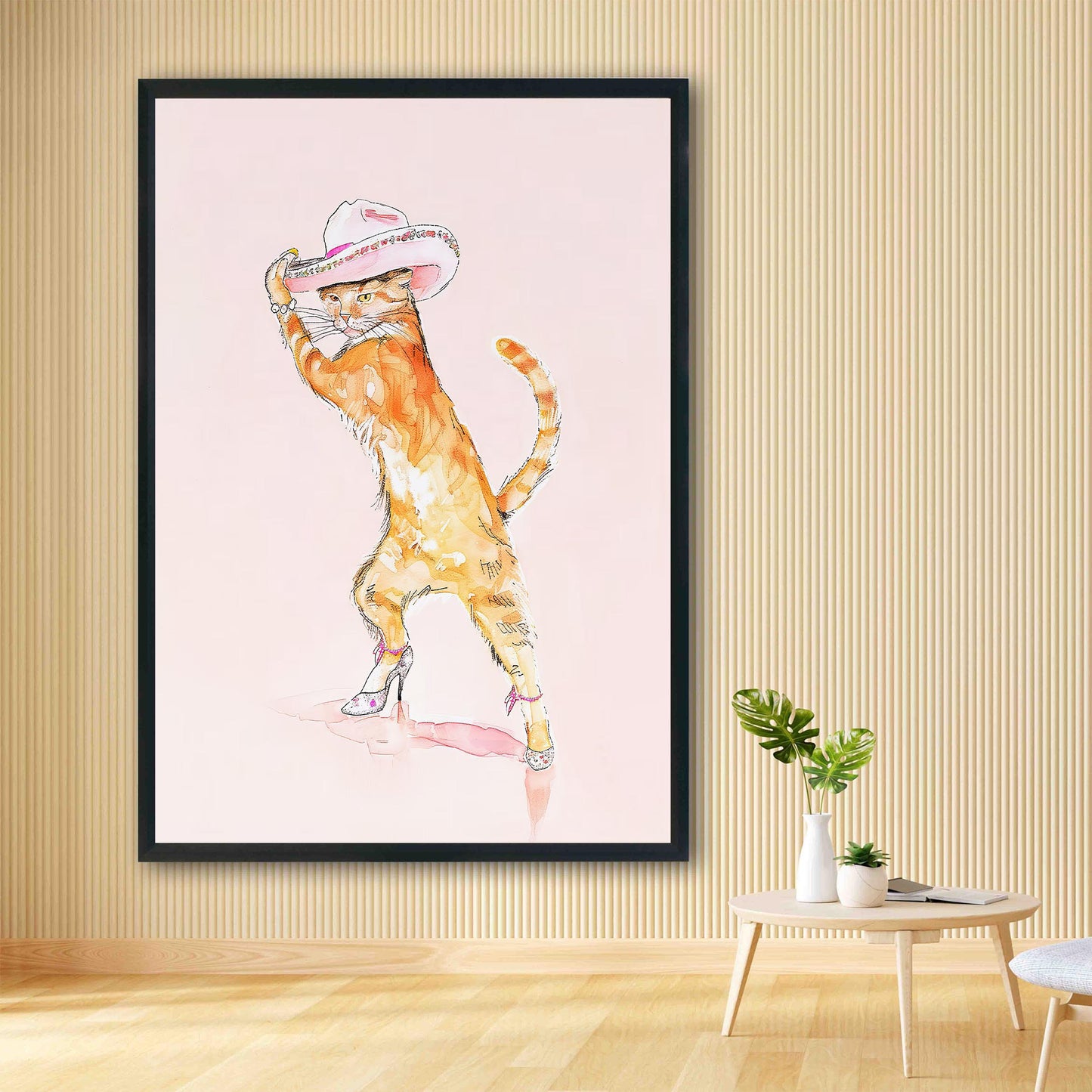 Pink Cat Fashion Print, Cowgirl Hat & Heels Wall Art