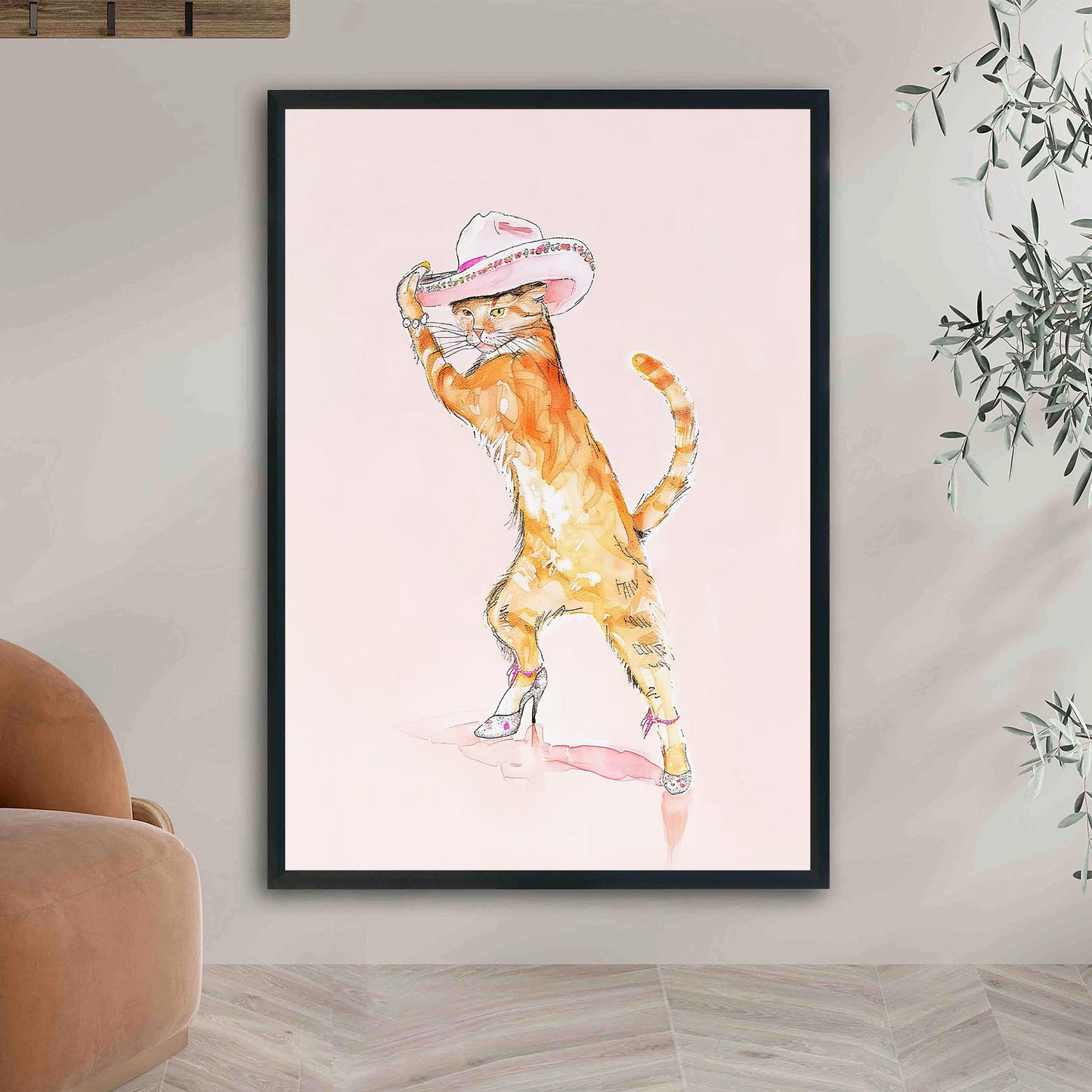 Pink Cat Fashion Print, Cowgirl Hat & Heels Wall Art