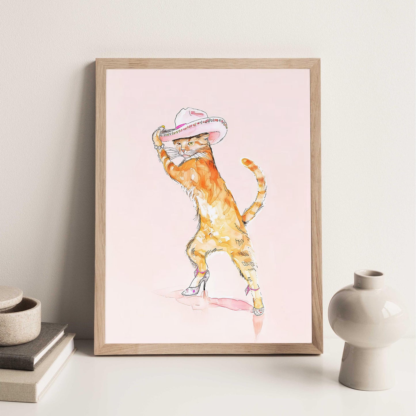 Pink Cat Fashion Print, Cowgirl Hat & Heels Wall Art