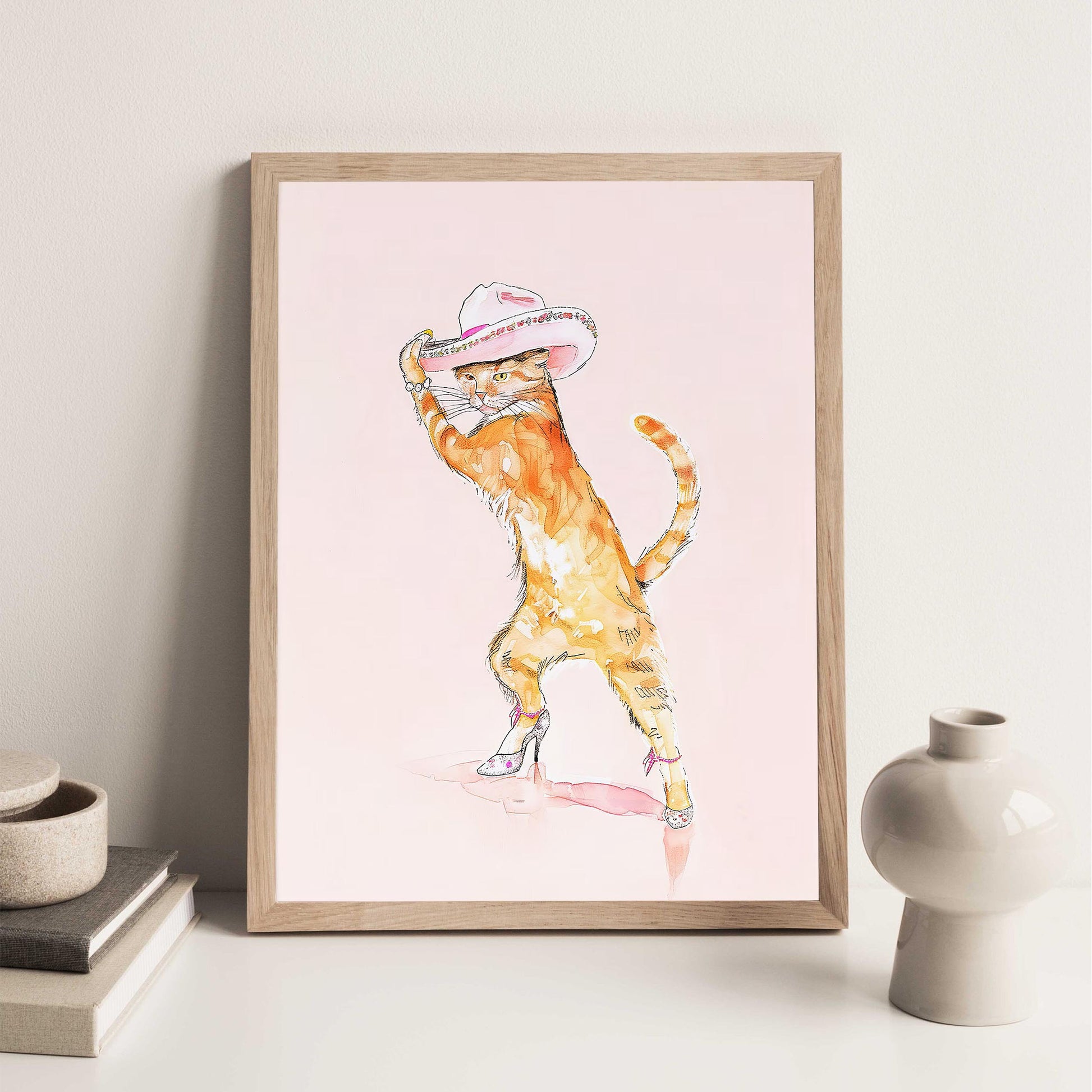 Pink Cat Fashion Print, Cowgirl Hat & Heels Wall Art