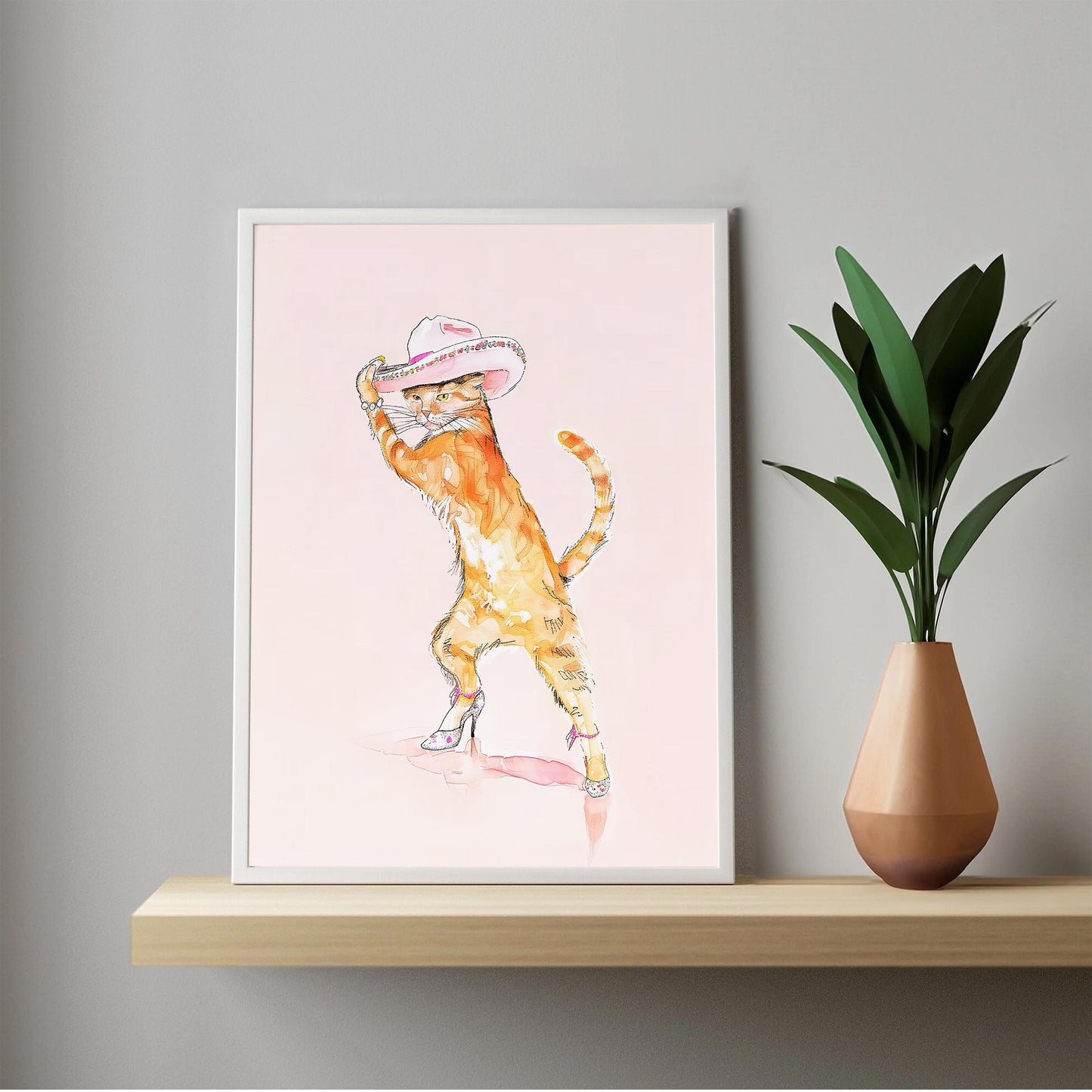 Pink Cat Fashion Print, Cowgirl Hat & Heels Wall Art