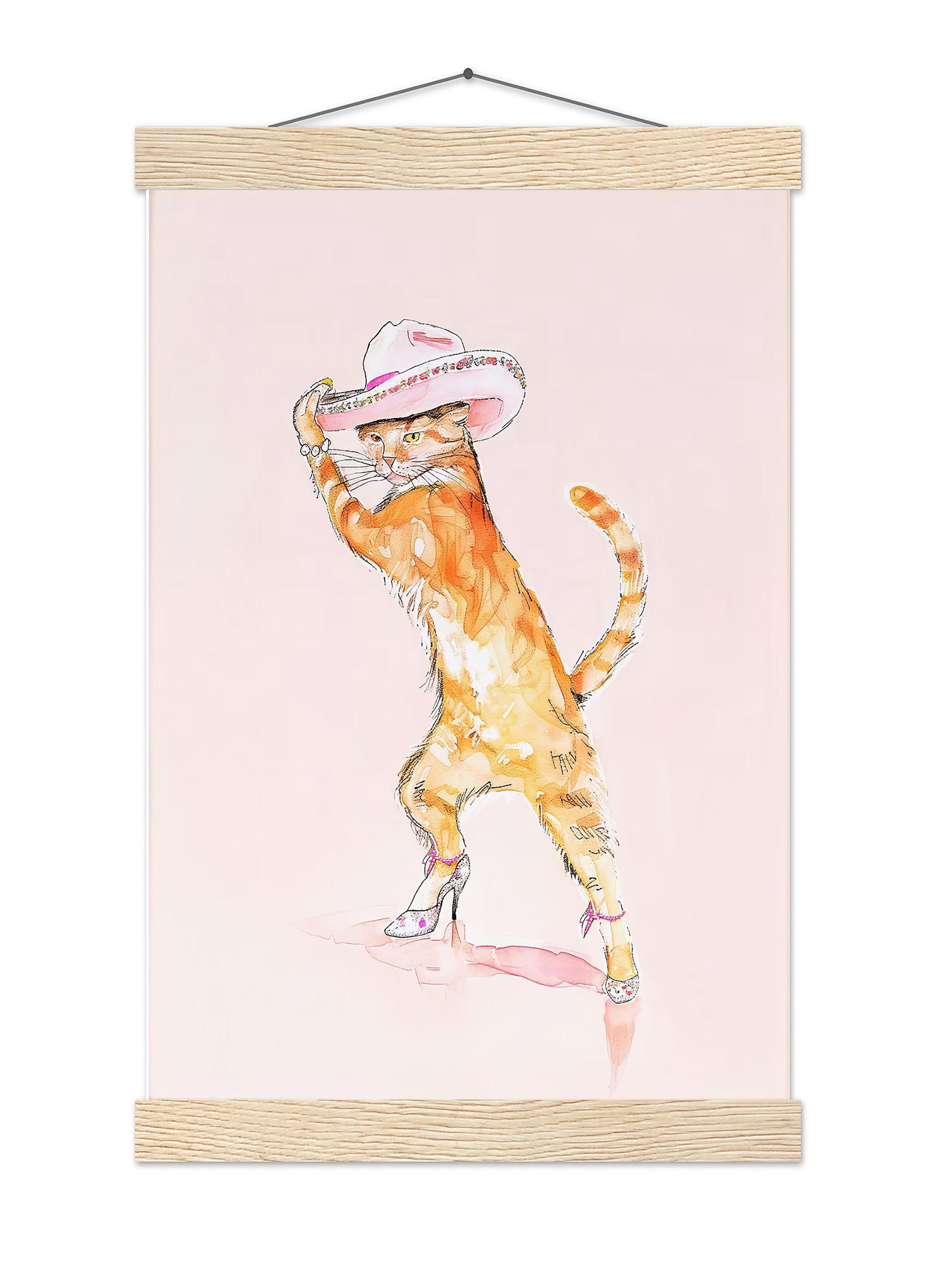 Pink Cat Fashion Print, Cowgirl Hat & Heels Wall Art