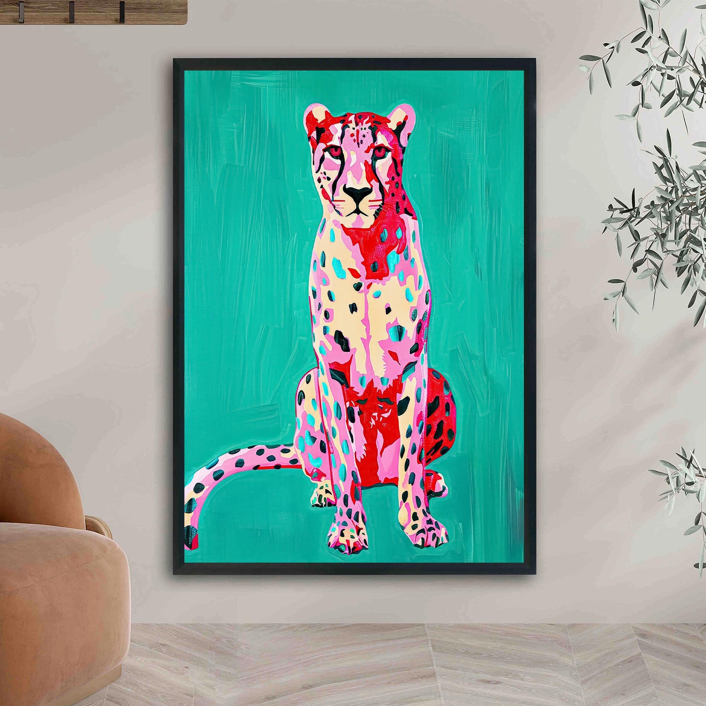 Pink Cheetah Art Print, Teal Green Preppy Decor