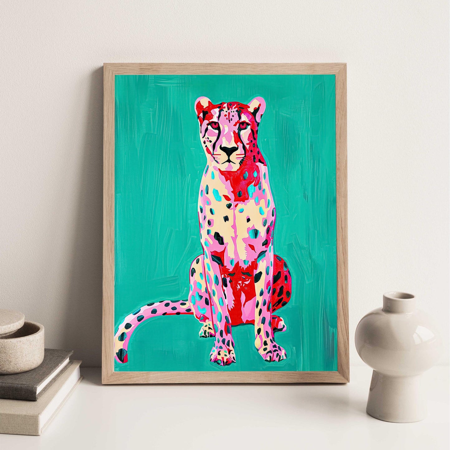 Pink Cheetah Art Print, Teal Green Preppy Decor