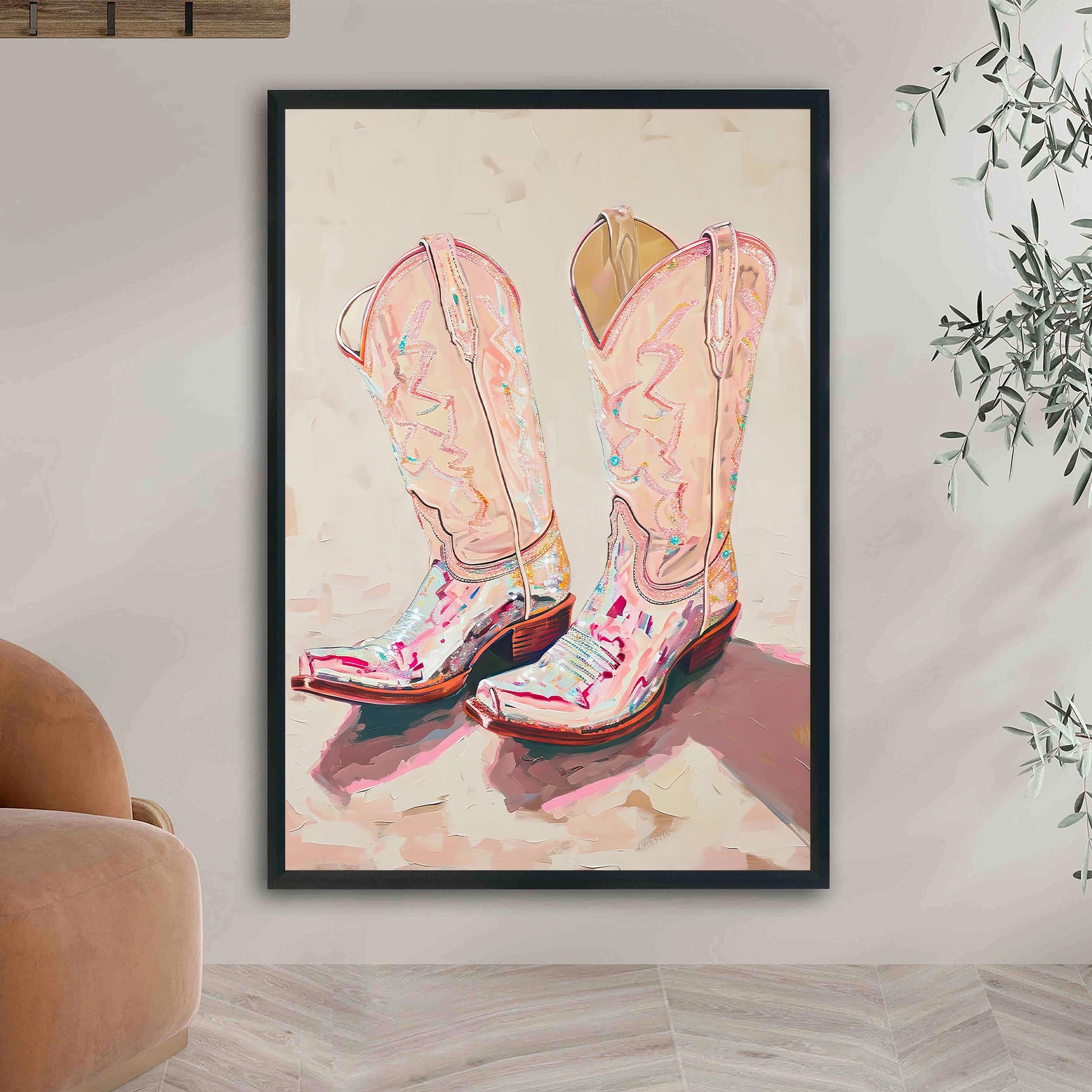 Pink Cowgirl Boots Art Print, Trendy Western Decor