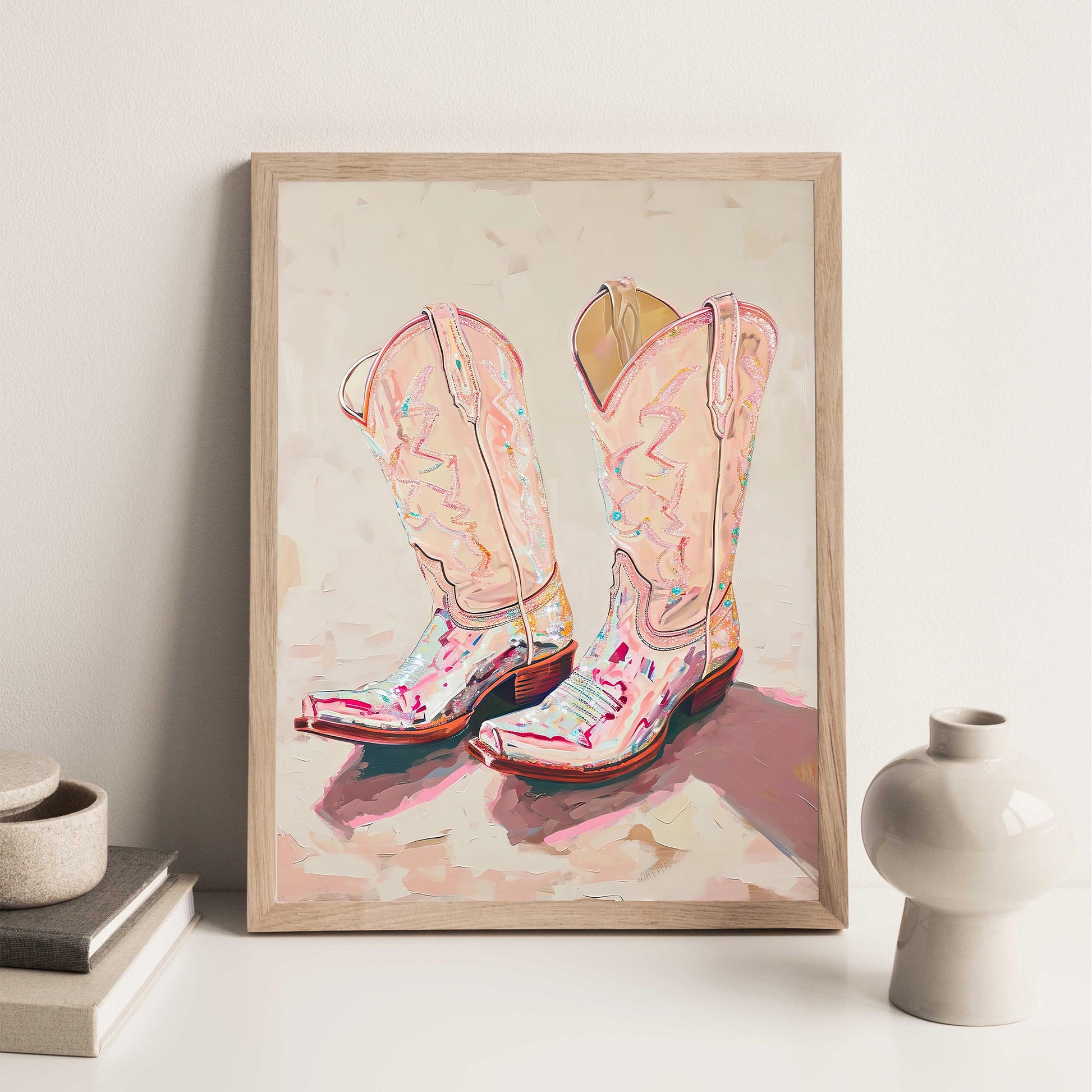 Pink Cowgirl Boots Art Print, Trendy Western Decor