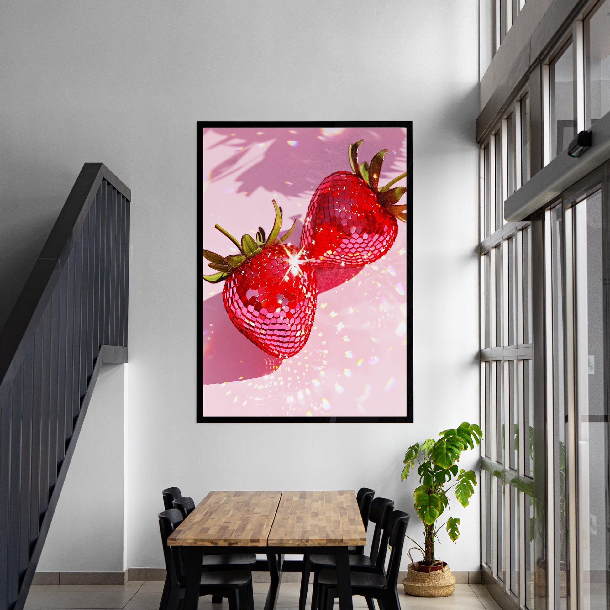 Pink Disco Strawberries Art Print, Glam Dorm Room Decor