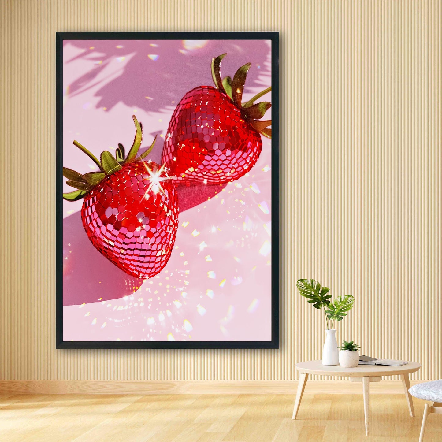 Pink Disco Strawberries Art Print, Glam Dorm Room Decor