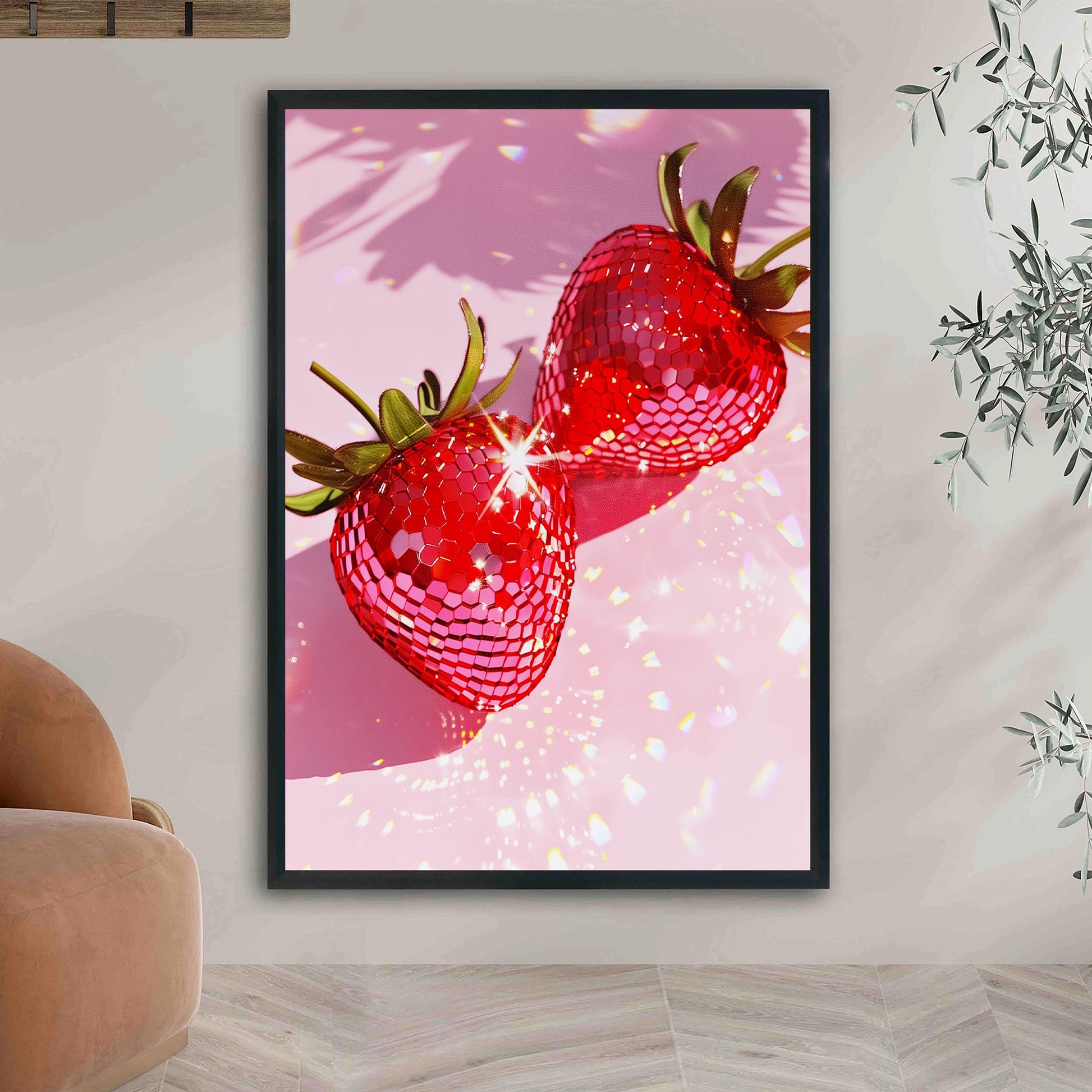 Pink Disco Strawberries Art Print, Glam Dorm Room Decor