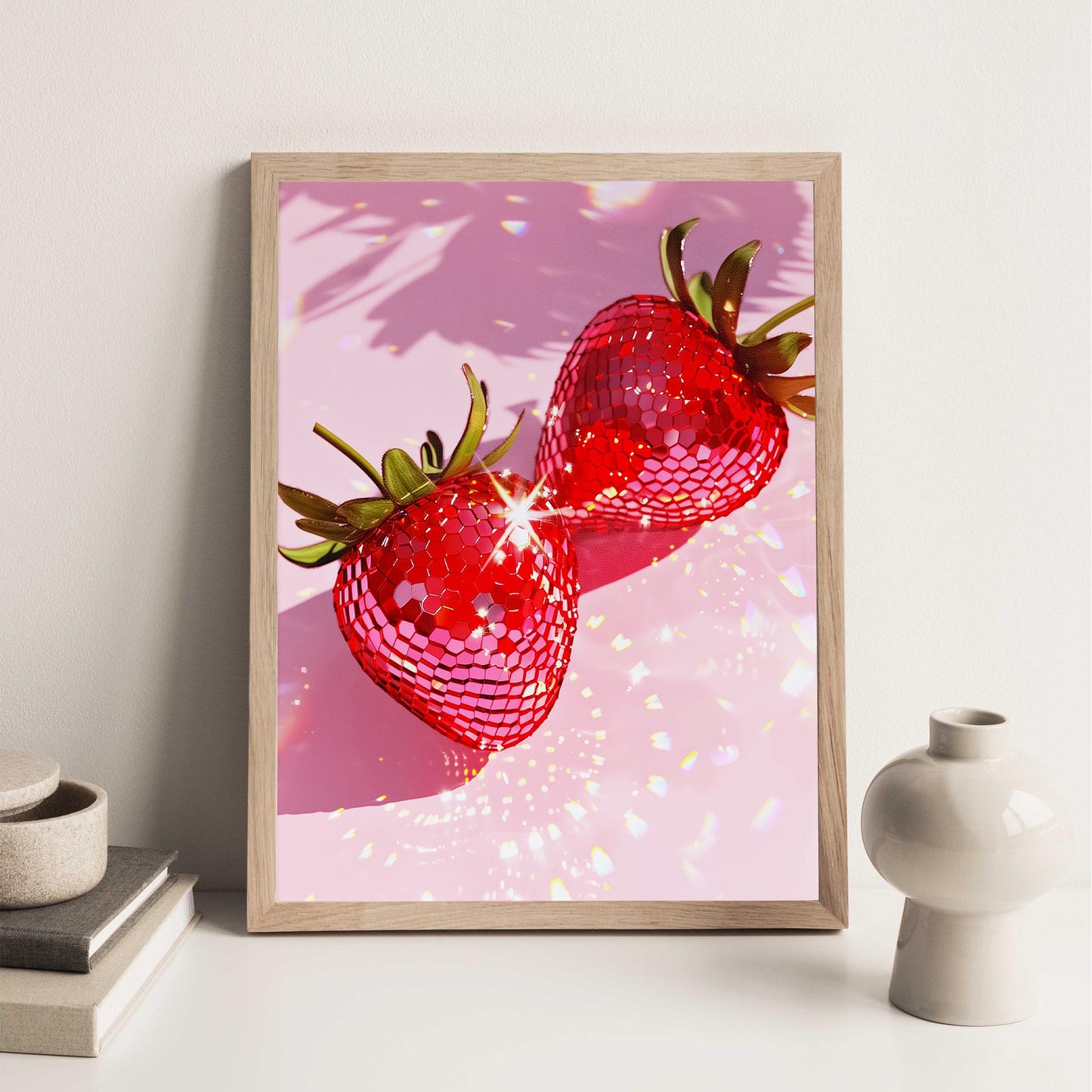 Pink Disco Strawberries Art Print, Glam Dorm Room Decor