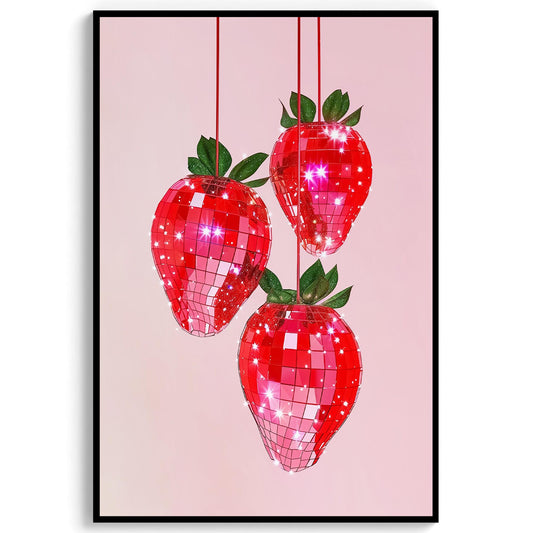 Pink Disco Strawberries Art Print, Trendy Kitchen Decor