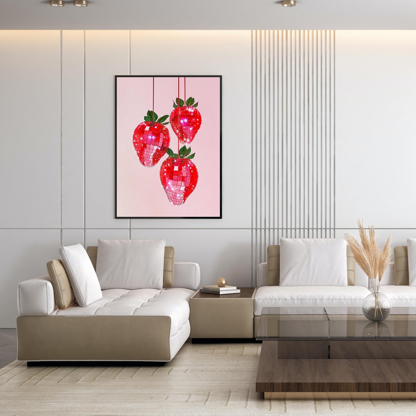 Pink Disco Strawberries Art Print, Trendy Kitchen Decor