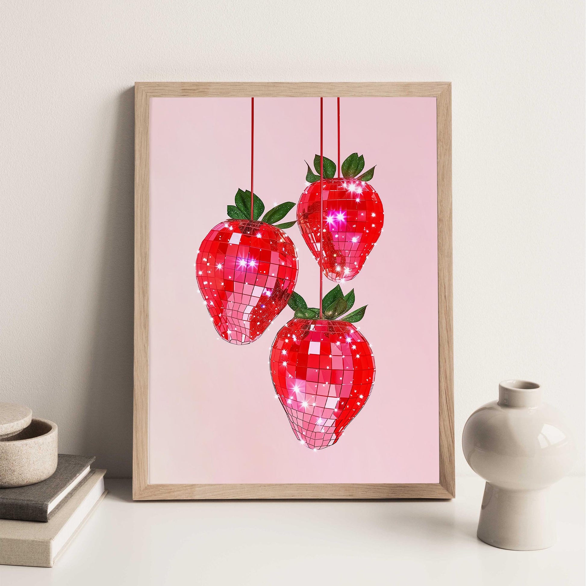Pink Disco Strawberries Art Print, Trendy Kitchen Decor