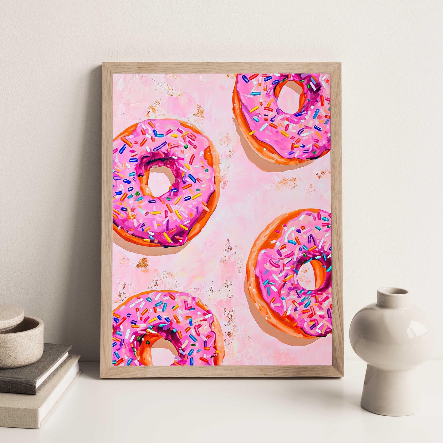 Pink Donuts Art Print, Retro Kitchen Foodie Poster