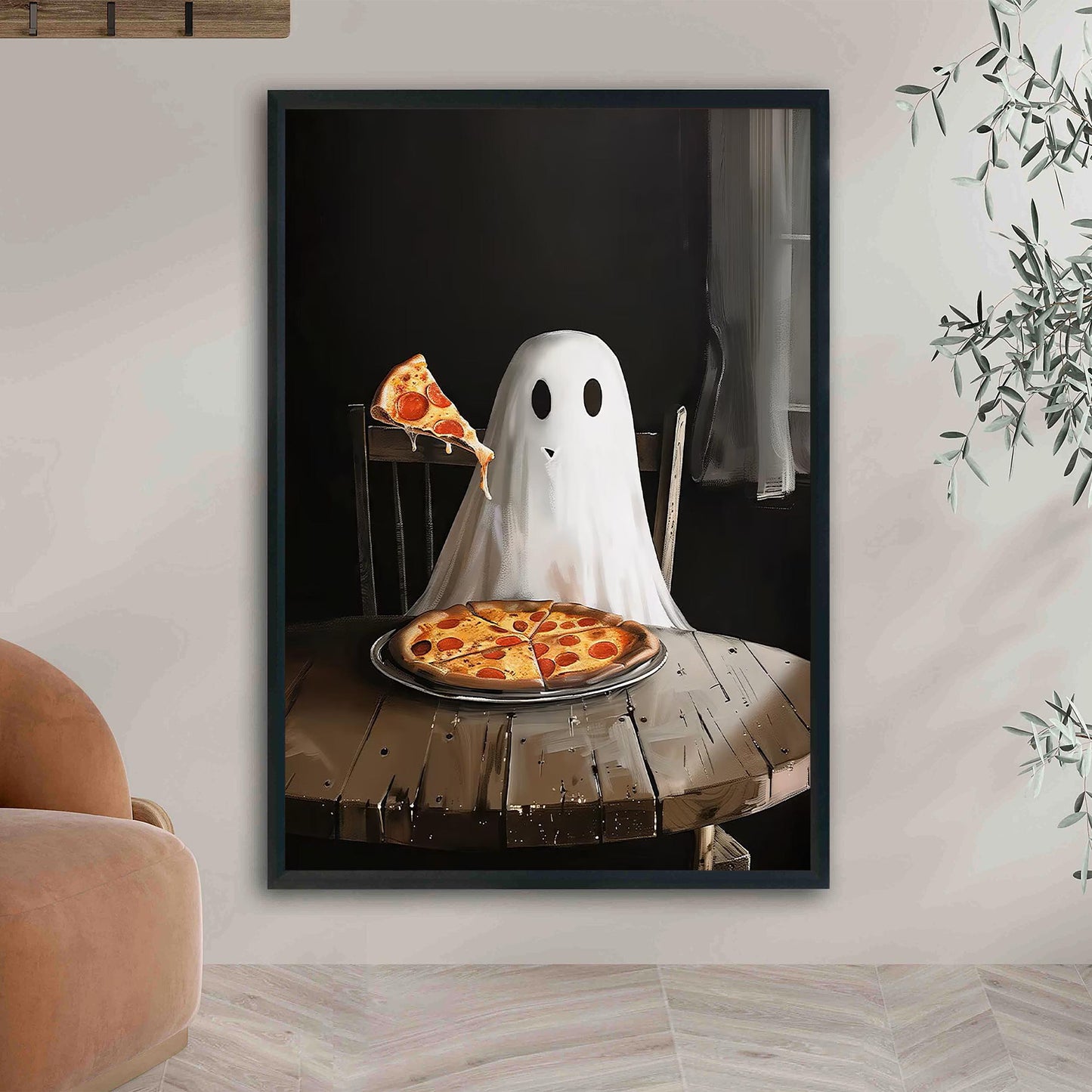 Pizza Ghost Halloween Art Print, Spooky Academia Wall Decor