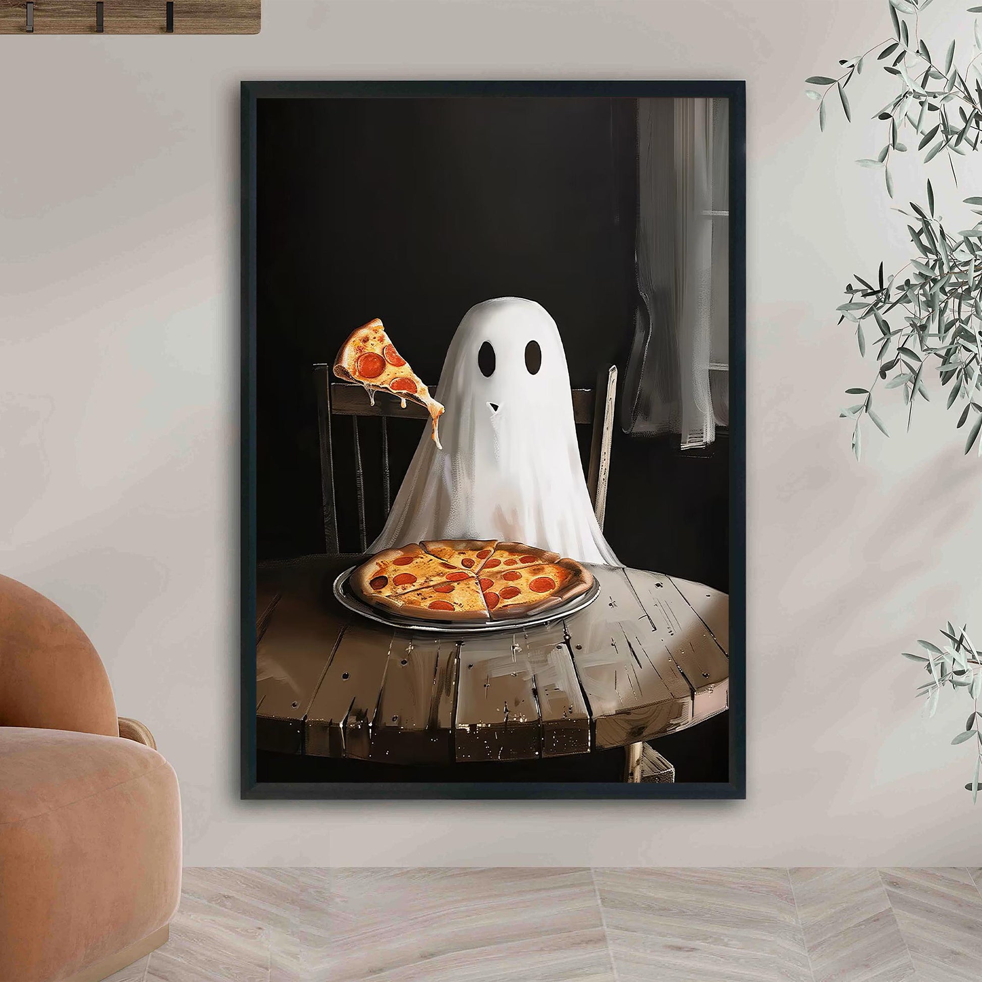 Pizza Ghost Halloween Art Print, Spooky Academia Wall Decor