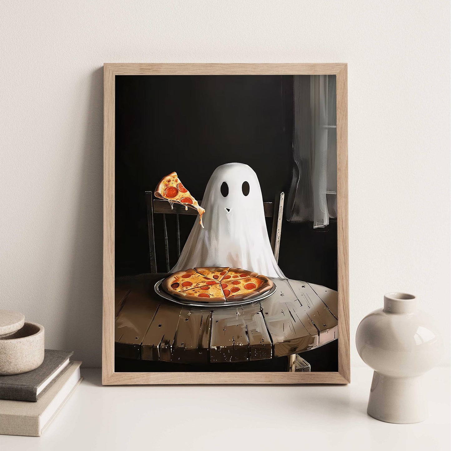 Pizza Ghost Halloween Art Print, Spooky Academia Wall Decor