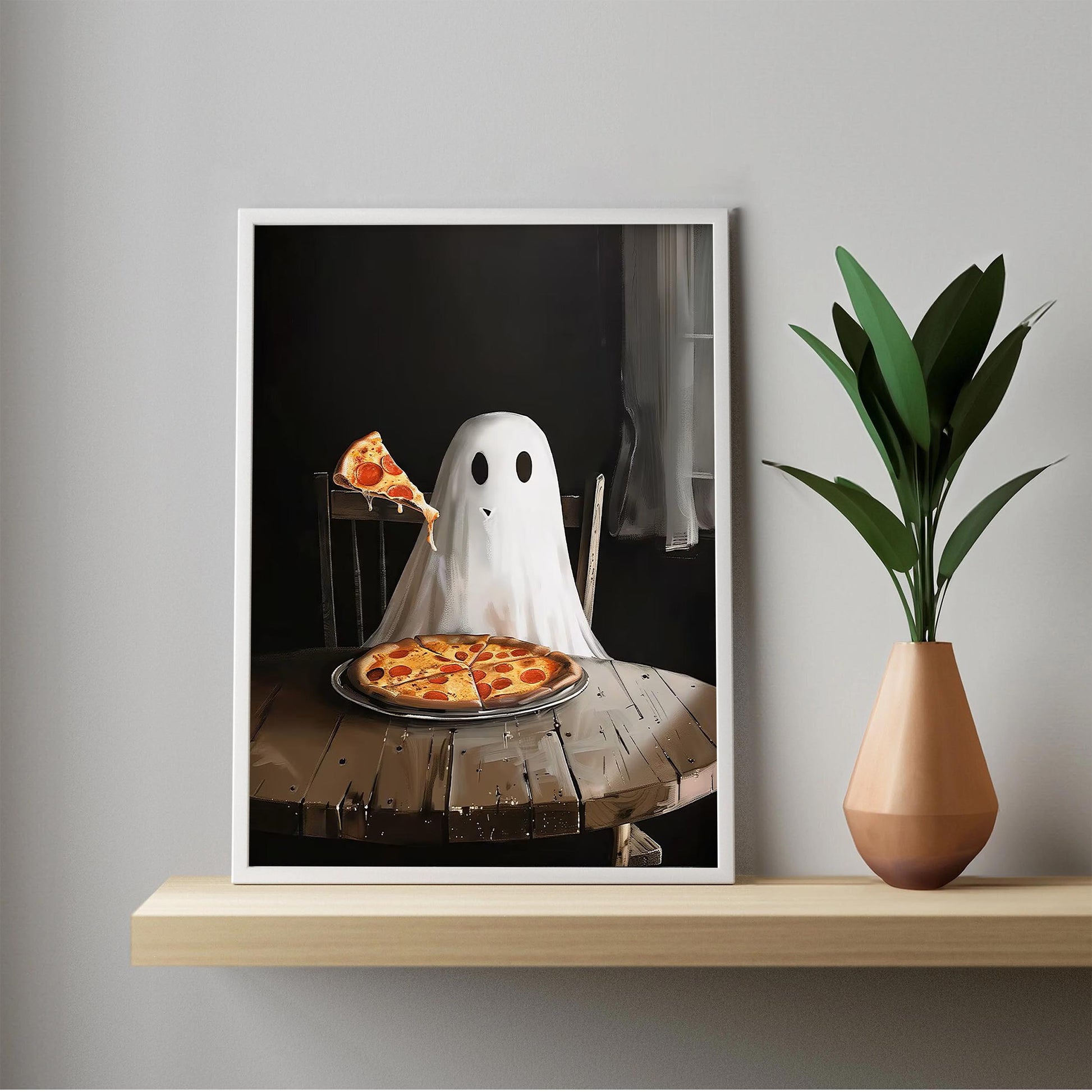 Pizza Ghost Halloween Art Print, Spooky Academia Wall Decor
