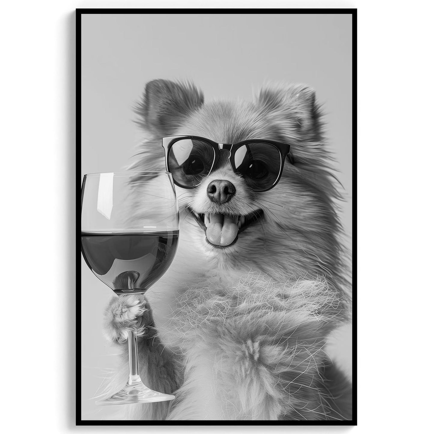 Pomeranian Drinking Wine Print Bar Cart Print, Funny Dog Poster, Trendy Kitchen Decor - Black and White Wall Art