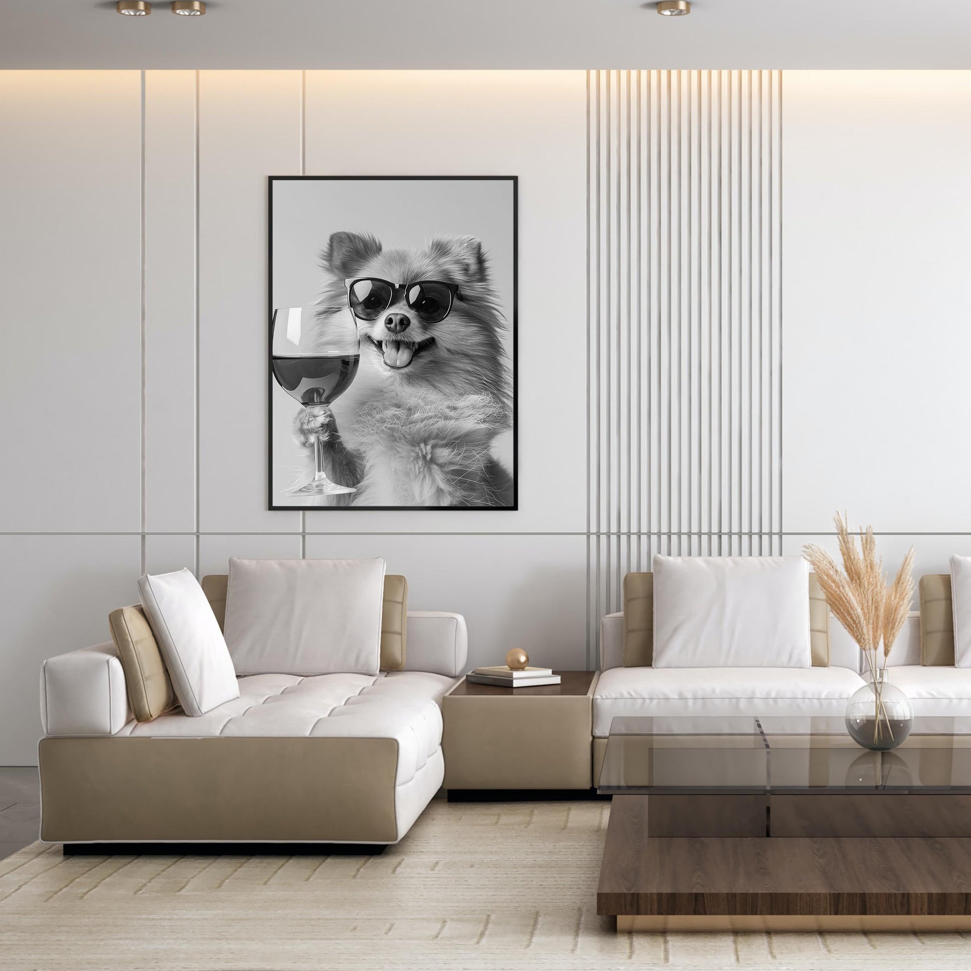 Pomeranian Drinking Wine Print Bar Cart Print, Funny Dog Poster, Trendy Kitchen Decor - Black and White Wall Art