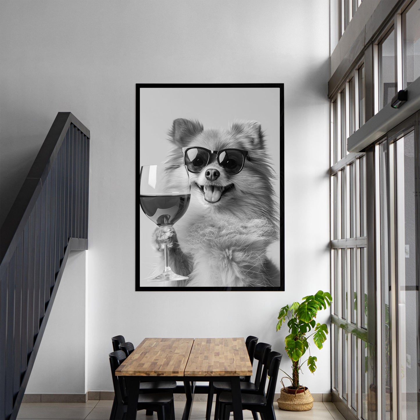 Pomeranian Drinking Wine Print Bar Cart Print, Funny Dog Poster, Trendy Kitchen Decor - Black and White Wall Art