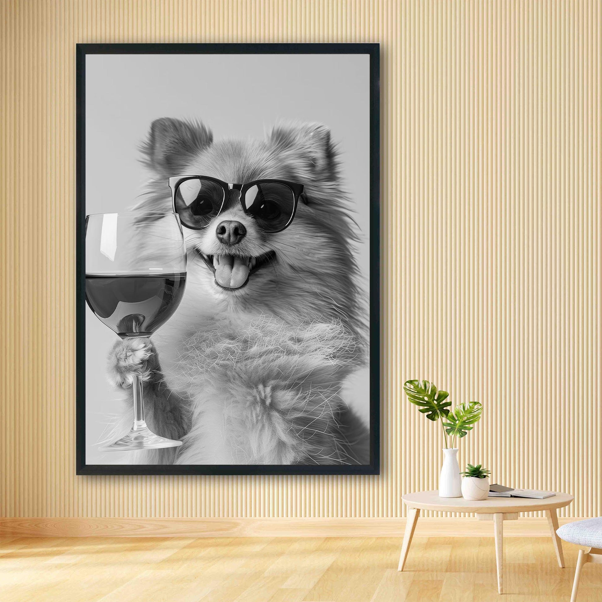 Pomeranian Drinking Wine Print Bar Cart Print, Funny Dog Poster, Trendy Kitchen Decor - Black and White Wall Art