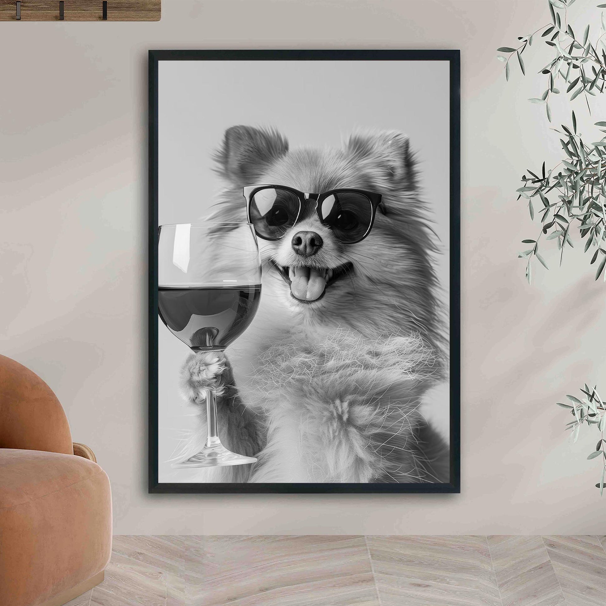 Pomeranian Drinking Wine Print Bar Cart Print, Funny Dog Poster, Trendy Kitchen Decor - Black and White Wall Art