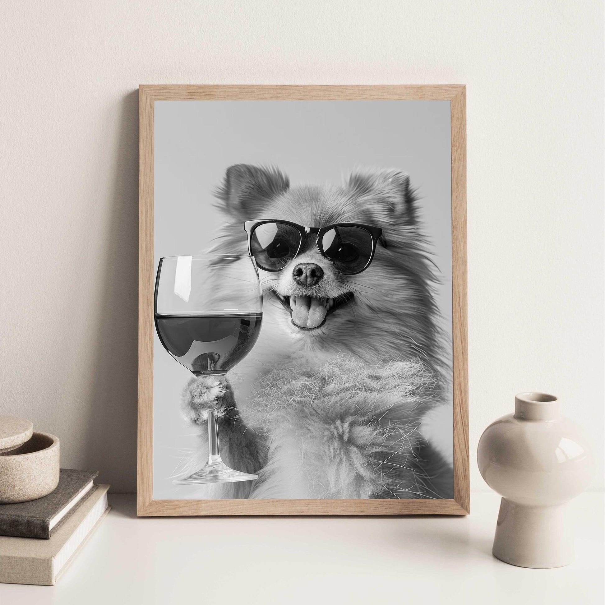 Pomeranian Drinking Wine Print Bar Cart Print, Funny Dog Poster, Trendy Kitchen Decor - Black and White Wall Art