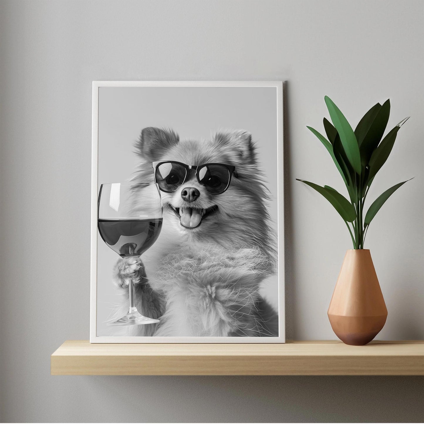Pomeranian Drinking Wine Print Bar Cart Print, Funny Dog Poster, Trendy Kitchen Decor - Black and White Wall Art