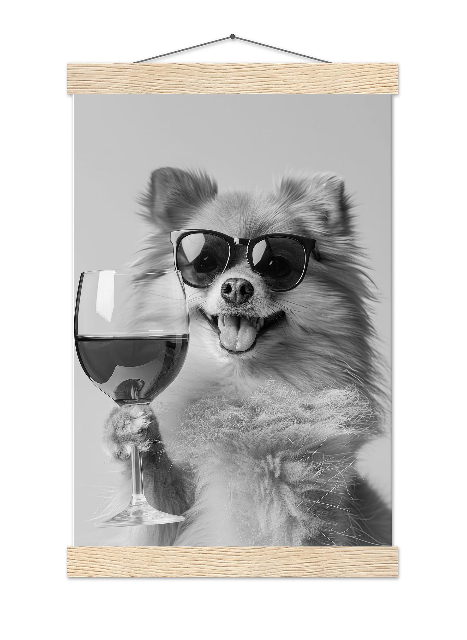Pomeranian Drinking Wine Print Bar Cart Print, Funny Dog Poster, Trendy Kitchen Decor - Black and White Wall Art