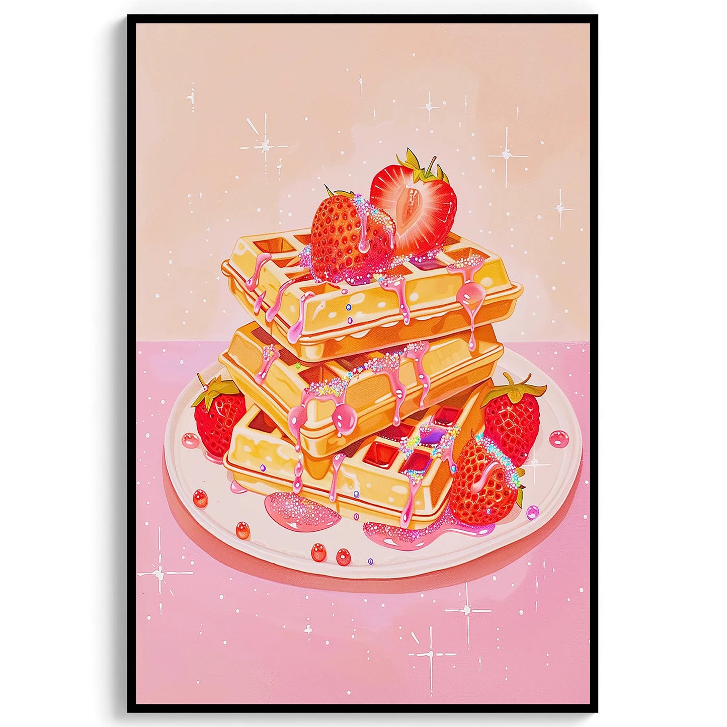 Retro Pink Waffles Art Print, Strawberry Kitchen Decor