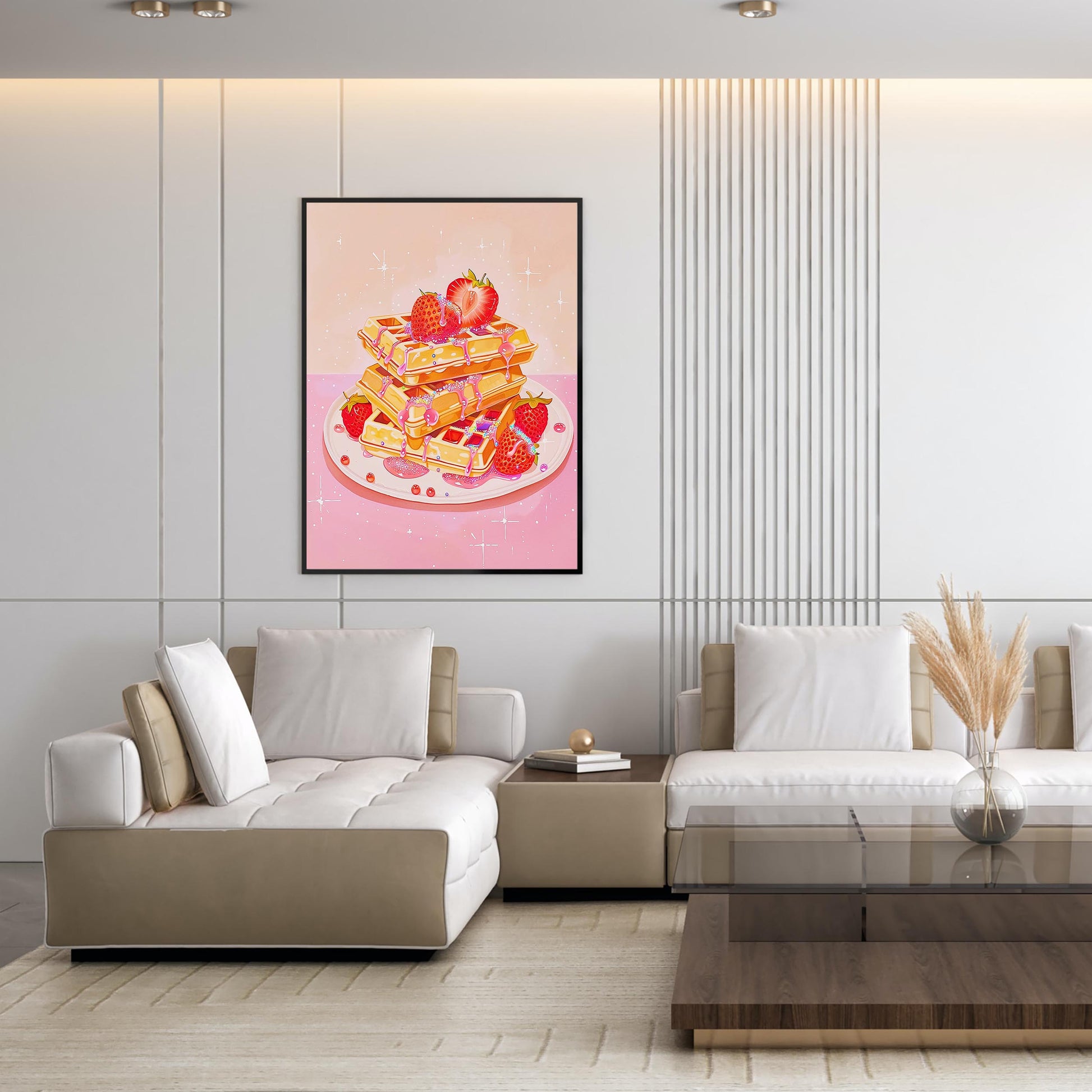 Retro Pink Waffles Art Print, Strawberry Kitchen Decor