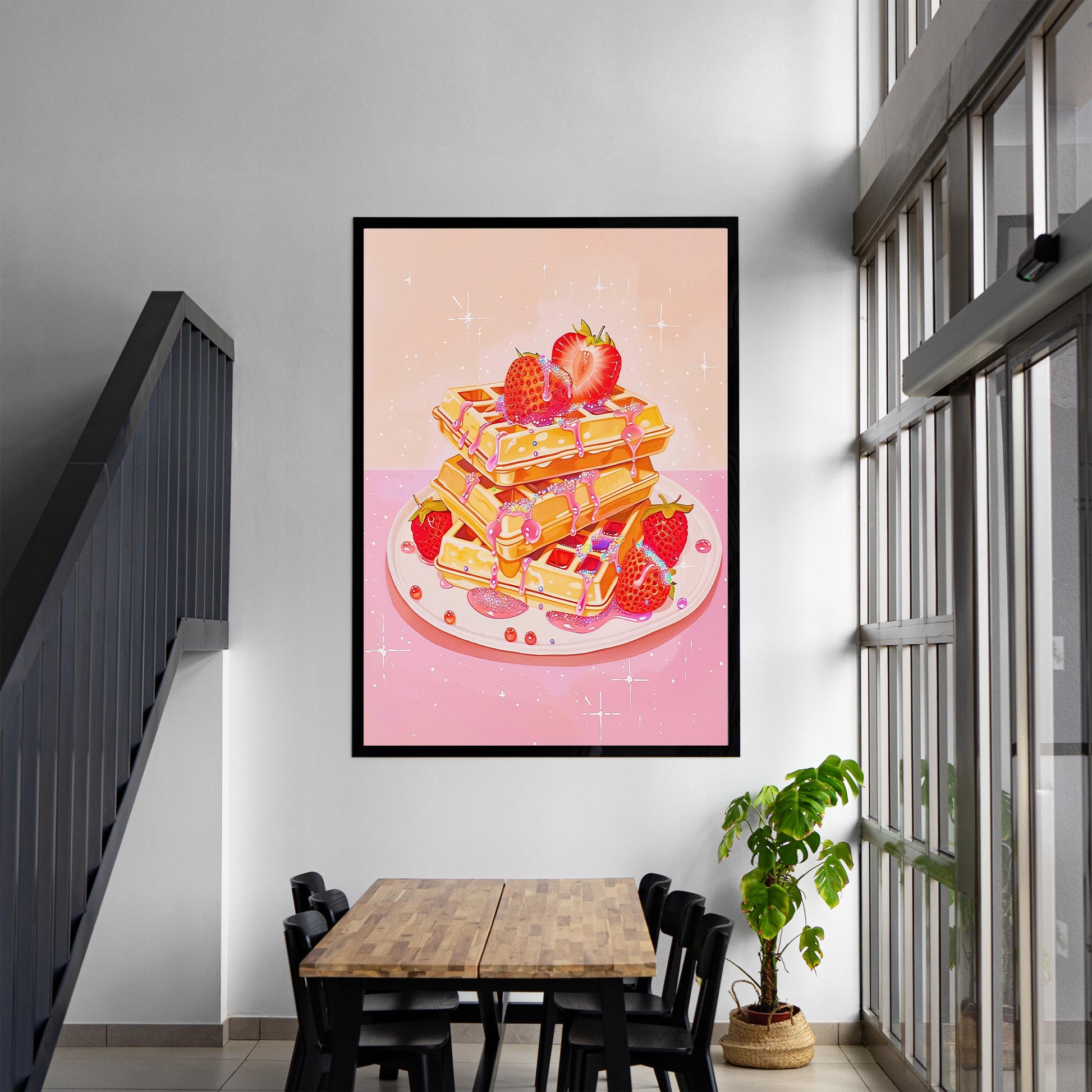 Retro Pink Waffles Art Print, Strawberry Kitchen Decor