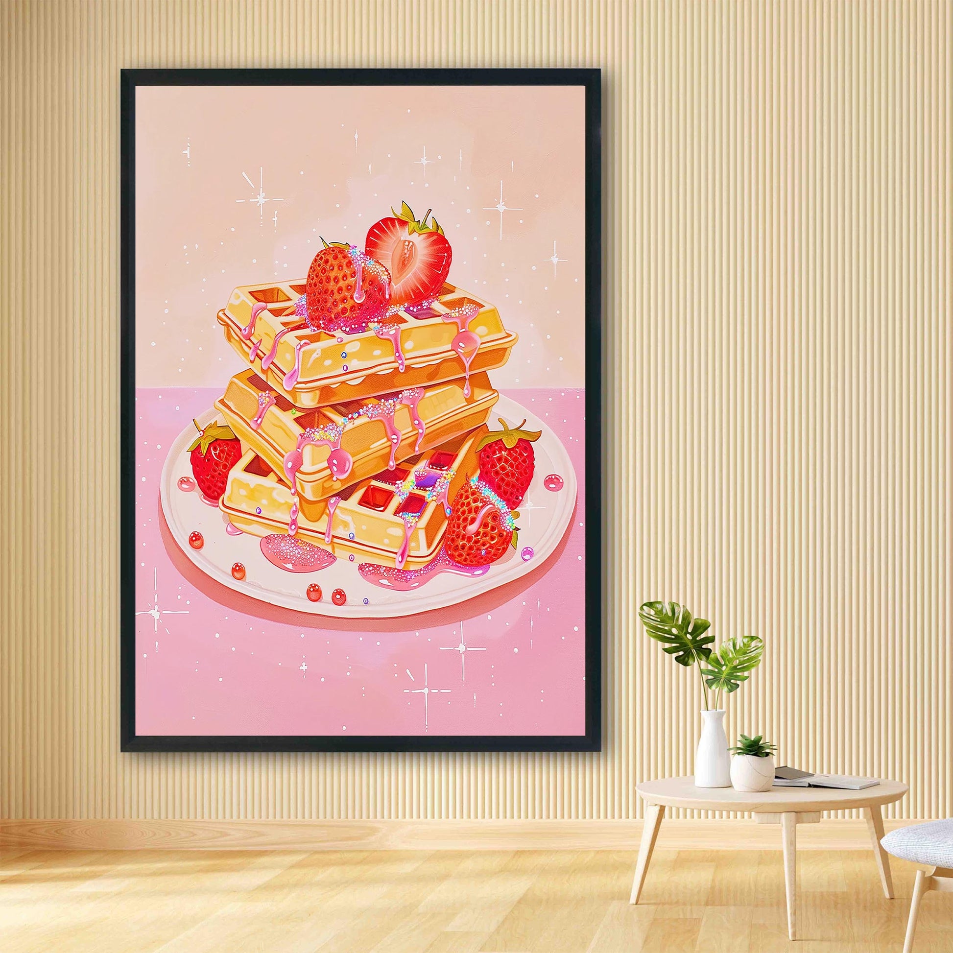Retro Pink Waffles Art Print, Strawberry Kitchen Decor