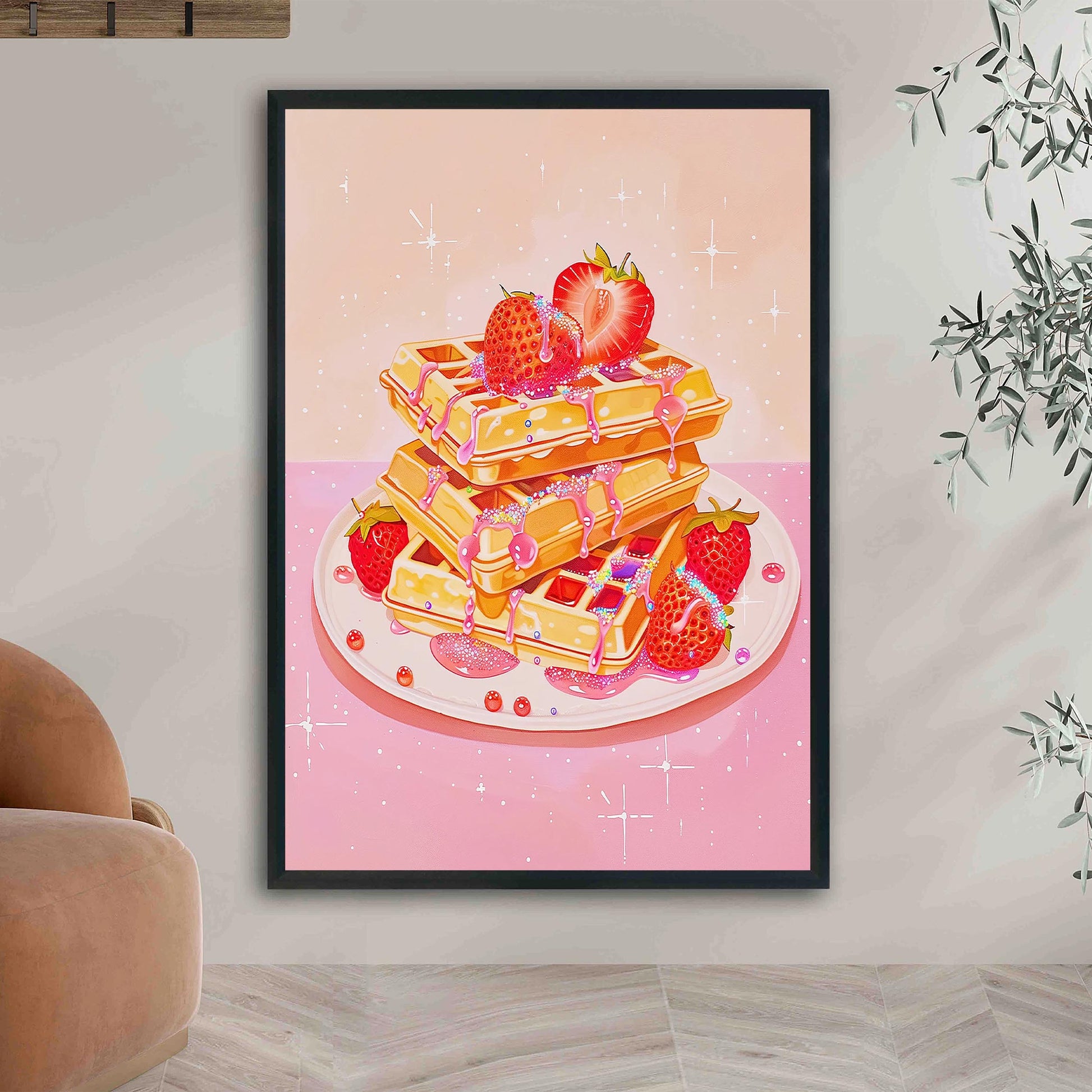 Retro Pink Waffles Art Print, Strawberry Kitchen Decor
